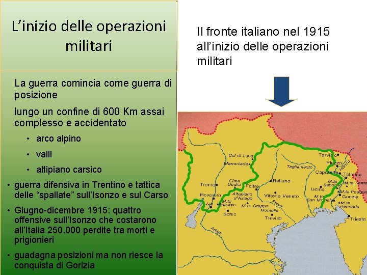 L’inizio delle operazioni militari La guerra comincia come guerra di posizione lungo un confine