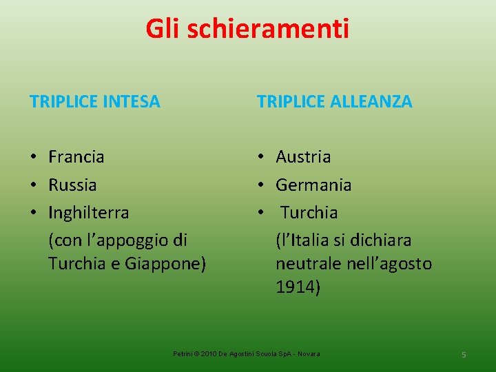 Gli schieramenti TRIPLICE INTESA TRIPLICE ALLEANZA • Francia • Russia • Inghilterra (con l’appoggio