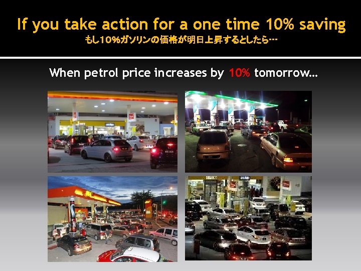 If you take action for a one time 10% saving もし１０％ガソリンの価格が明日上昇するとしたら… When petrol price