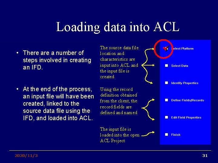 Loading data into ACL • There a number of steps involved in creating an