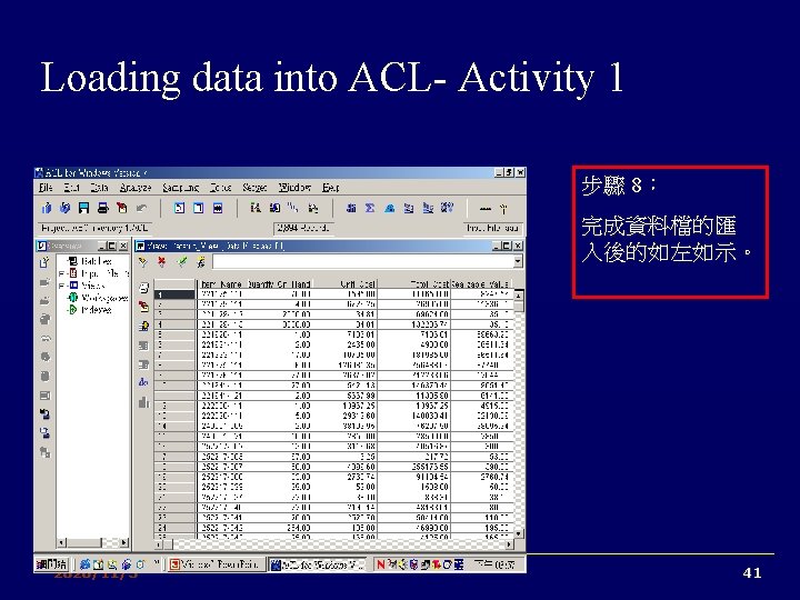 Loading data into ACL- Activity 1 步驟 8： 完成資料檔的匯 入後的如左如示。 2020/11/3 41 