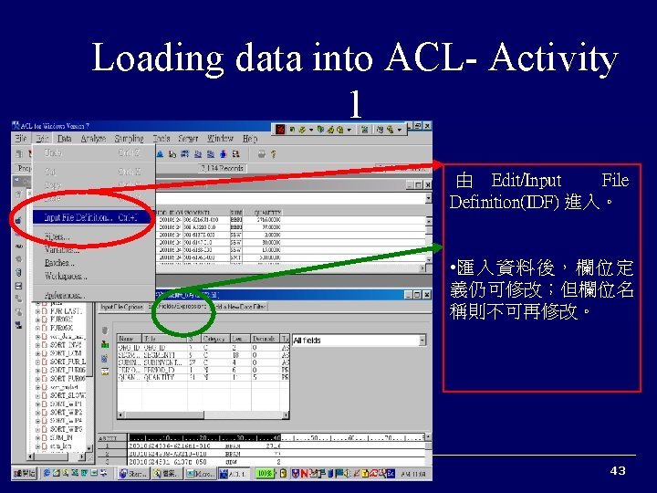 Loading data into ACL- Activity 1 由 Edit/Input File Definition(IDF) 進入。 • 匯入資料後，欄位定 義仍可修改；但欄位名