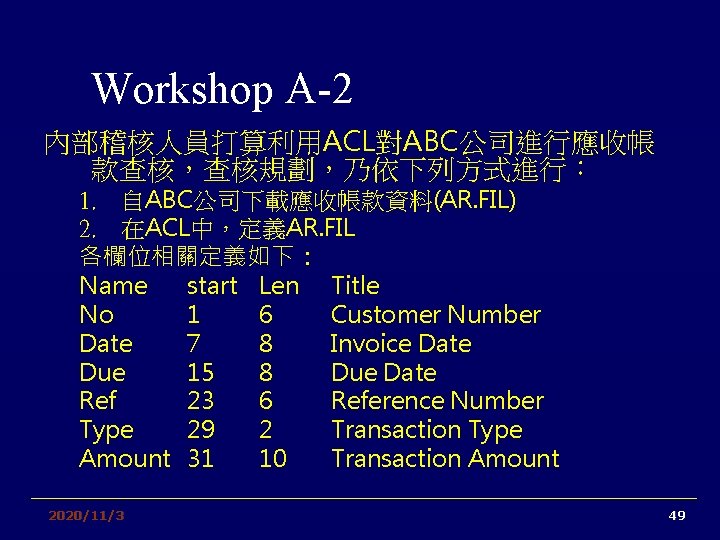 Workshop A-2 內部稽核人員打算利用ACL對ABC公司進行應收帳 款查核，查核規劃，乃依下列方式進行： 1. 自ABC公司下載應收帳款資料(AR. FIL) 2. 在ACL中，定義AR. FIL 各欄位相關定義如下： Name start Len