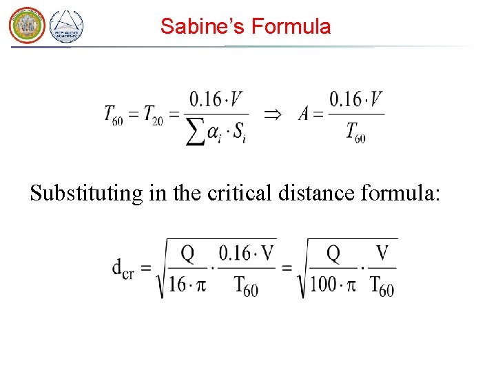 Sabine’s Formula Substituting in the critical distance formula: Sabine’s Formula Substituting in the critical distance formula: