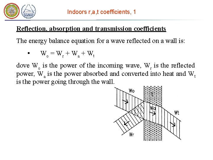Indoors r, a, t coefficients, 1 Reflection, absorption and transmission coefficients The energy balance Indoors r, a, t coefficients, 1 Reflection, absorption and transmission coefficients The energy balance