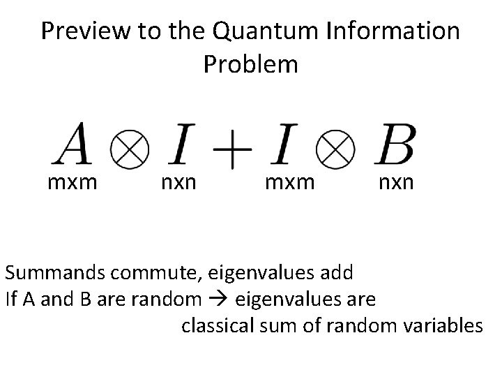 Preview to the Quantum Information Problem mxm nxn Summands commute, eigenvalues add If A