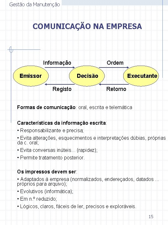 Gestão da Manutenção COMUNICAÇÃO NA EMPRESA Informação Emissor Ordem Decisão Registo Executante Retorno Formas