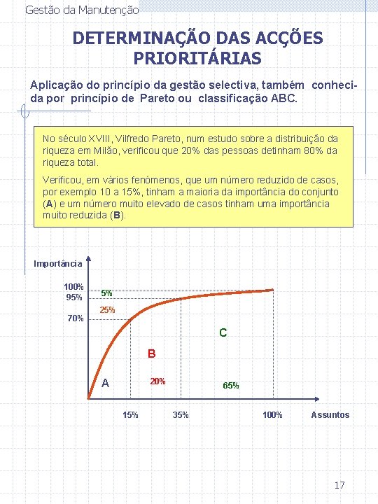 Gestão da Manutenção DETERMINAÇÃO DAS ACÇÕES PRIORITÁRIAS Aplicação do princípio da gestão selectiva, também