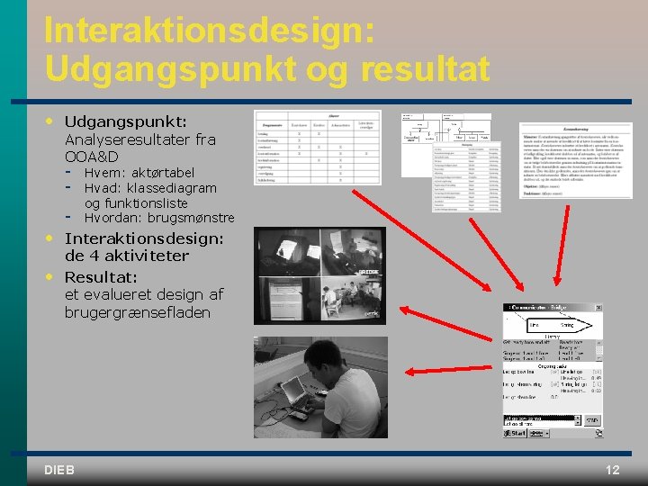 Interaktionsdesign: Udgangspunkt og resultat • Udgangspunkt: Analyseresultater fra OOA&D Hvem: aktørtabel Hvad: klassediagram og