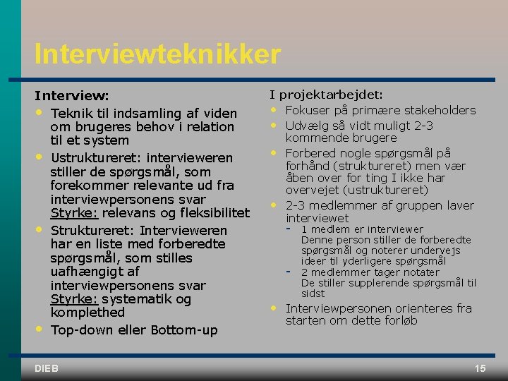 Interviewteknikker Interview: • Teknik til indsamling af viden om brugeres behov i relation til