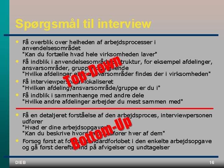 Spørgsmål til interview • • • Få overblik over helheden af arbejdsprocesser i anvendelsesområdet