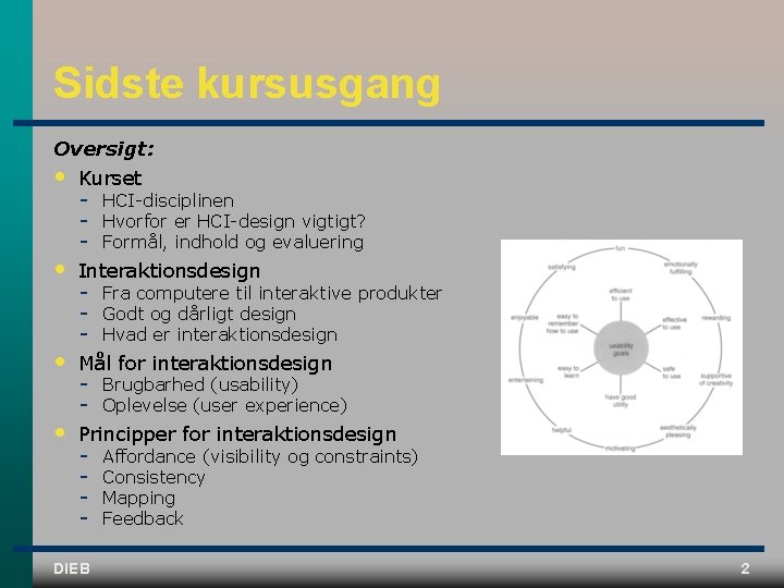 Sidste kursusgang Oversigt: • Kurset • Interaktionsdesign • Mål for interaktionsdesign • Principper for