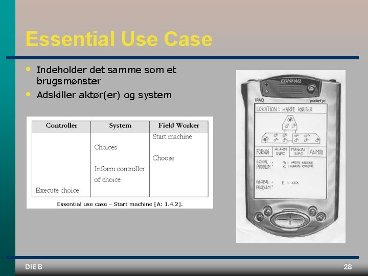 Essential Use Case • • Indeholder det samme som et brugsmønster Adskiller aktør(er) og