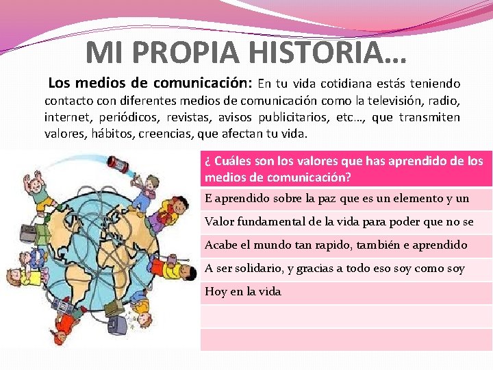 MI PROPIA HISTORIA… Los medios de comunicación: En tu vida cotidiana estás teniendo contacto