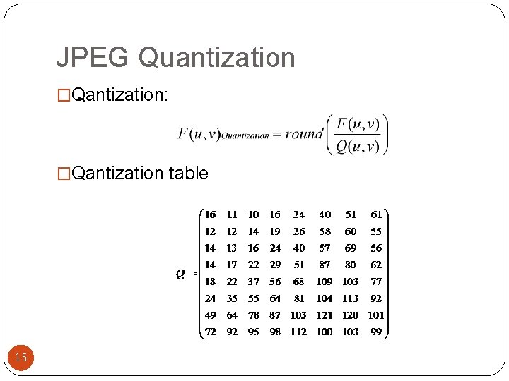 JPEG Quantization �Qantization: �Qantization table 15 