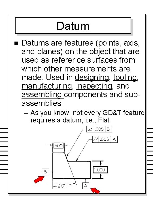 Datum n Datums are features (points, axis, and planes) on the object that are