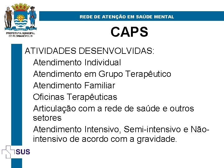 REDE DE ATENÇÃO EM SAÚDE MENTAL CAPS ATIVIDADES DESENVOLVIDAS: Atendimento Individual Atendimento em Grupo