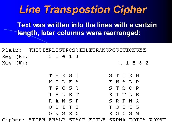 Line Transpostion Cipher Text was written into the lines with a certain length, later