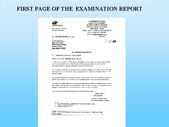 FIRST PAGE OF THE EXAMINATION REPORT 