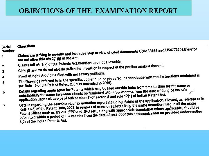 OBJECTIONS OF THE EXAMINATION REPORT 