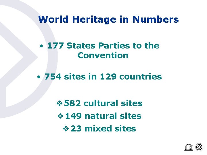 World Heritage in Numbers • 177 States Parties to the Convention • 754 sites