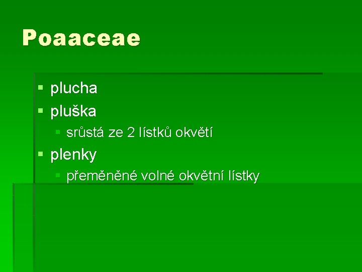 Poaaceae § plucha § pluška § srůstá ze 2 lístků okvětí § plenky §