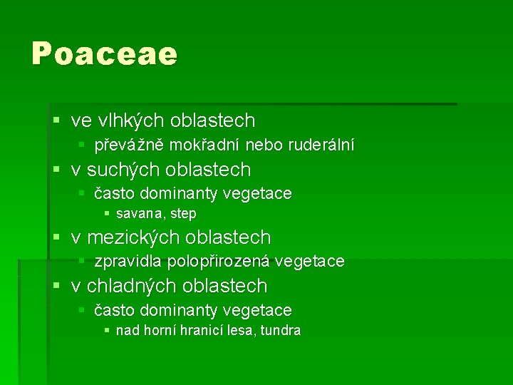 Poaceae § ve vlhkých oblastech § převážně mokřadní nebo ruderální § v suchých oblastech