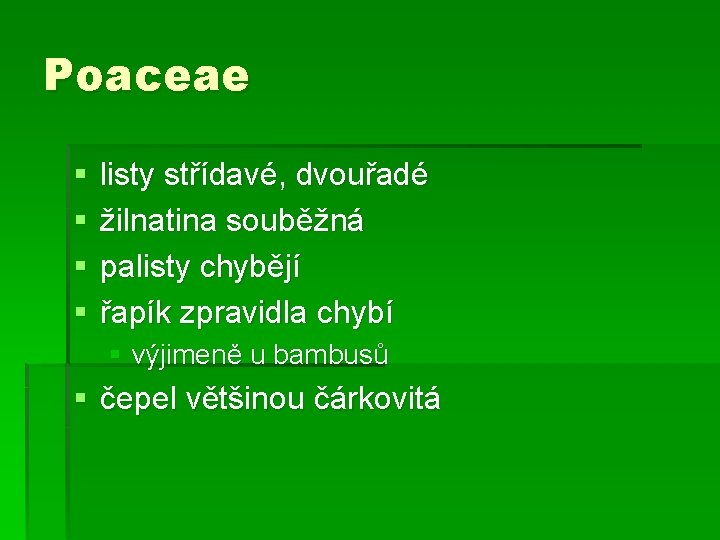 Poaceae § § listy střídavé, dvouřadé žilnatina souběžná palisty chybějí řapík zpravidla chybí §