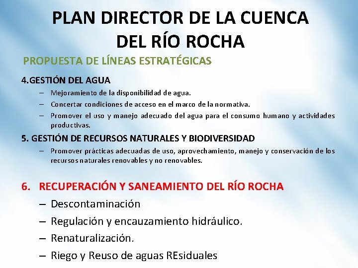 PLAN DIRECTOR DE LA CUENCA DEL RÍO ROCHA PROPUESTA DE LÍNEAS ESTRATÉGICAS 4. GESTIÓN