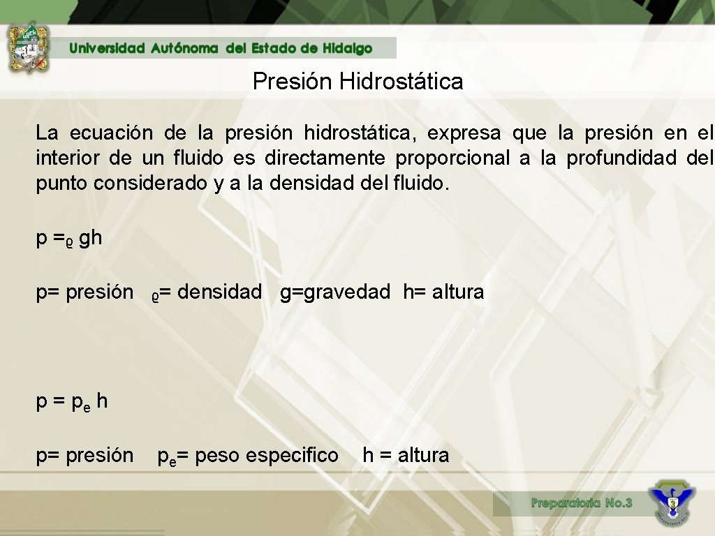 Presión Hidrostática La ecuación de la presión hidrostática, expresa que la presión en el