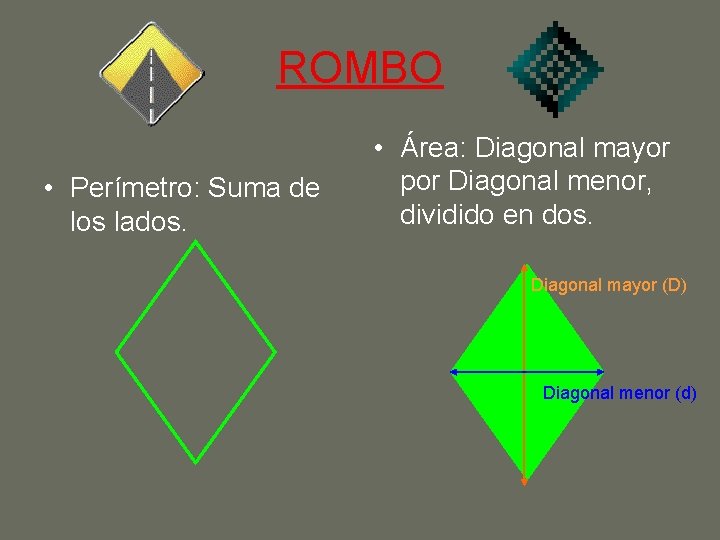 ROMBO • Perímetro: Suma de los lados. • Área: Diagonal mayor por Diagonal menor,