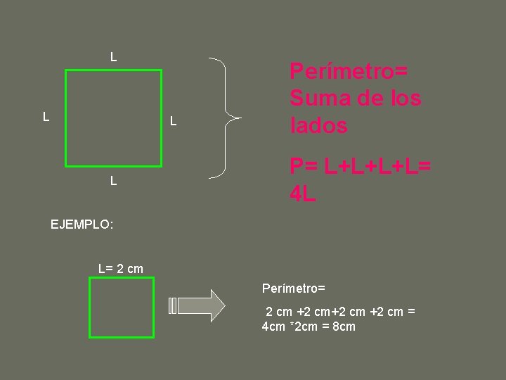 L L Perímetro= Suma de los lados P= L+L+L+L= 4 L EJEMPLO: L= 2