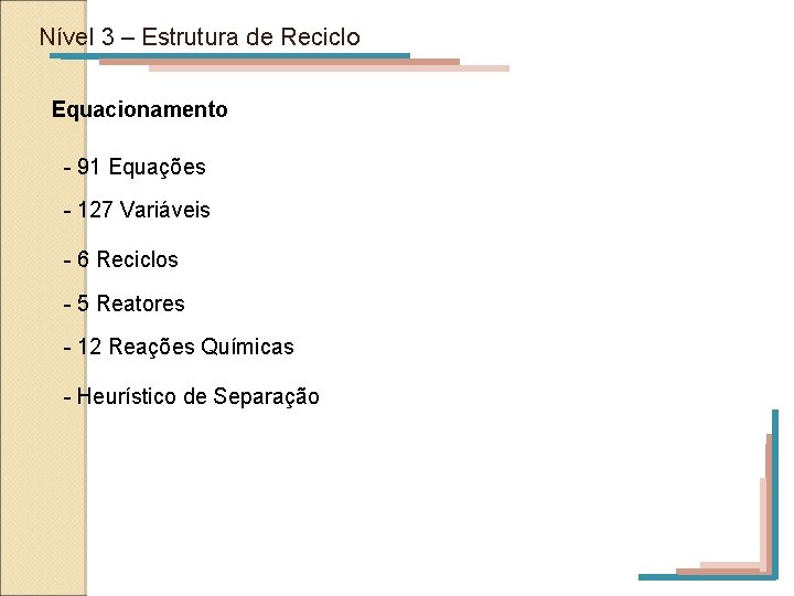 Nível 3 – Estrutura de Reciclo Equacionamento - 91 Equações - 127 Variáveis -