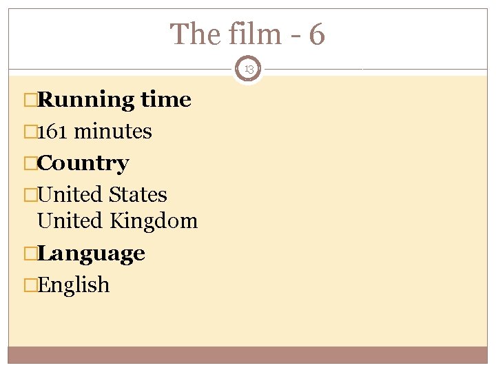 The film - 6 13 �Running time � 161 minutes �Country �United States United
