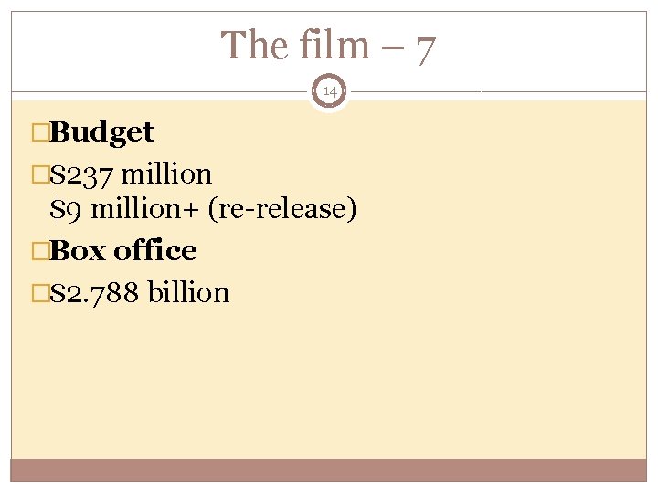 The film – 7 14 �Budget �$237 million $9 million+ (re-release) �Box office �$2.