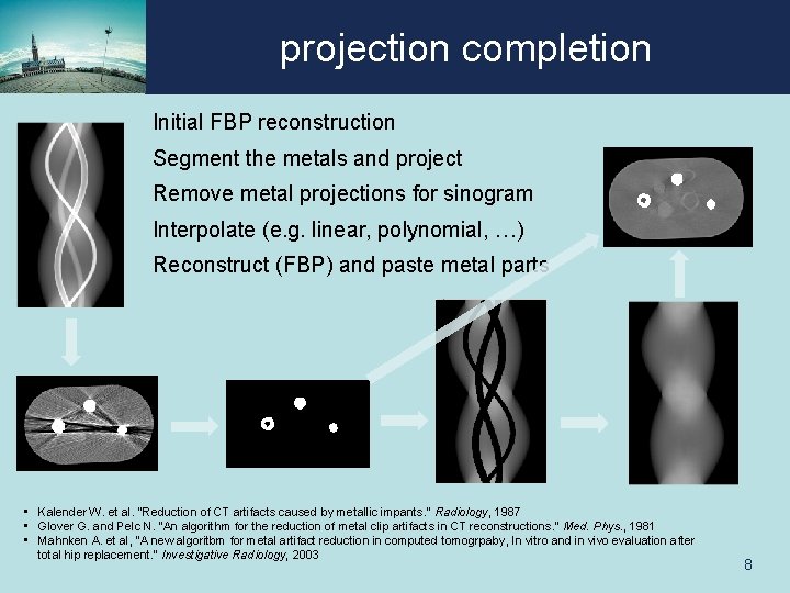 projection completion Initial FBP reconstruction Segment the metals and project Remove metal projections for