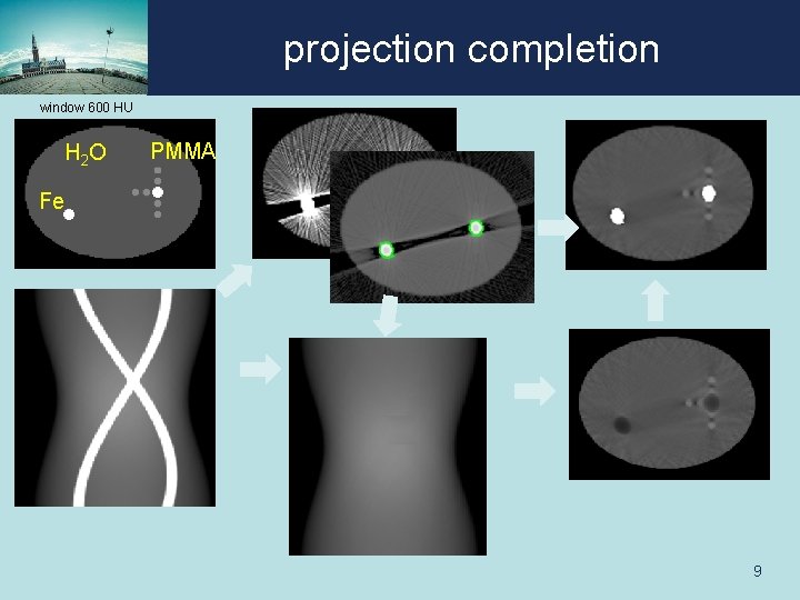 projection completion window 600 HU H 2 O PMMA Fe 9 