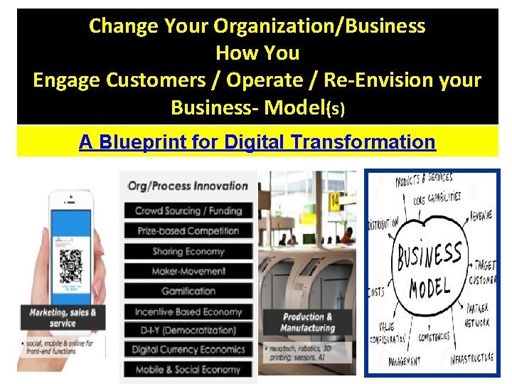 Change Your Organization/Business How You Engage Customers / Operate / Re-Envision your Business- Model(s) Change Your Organization/Business How You Engage Customers / Operate / Re-Envision your Business- Model(s)