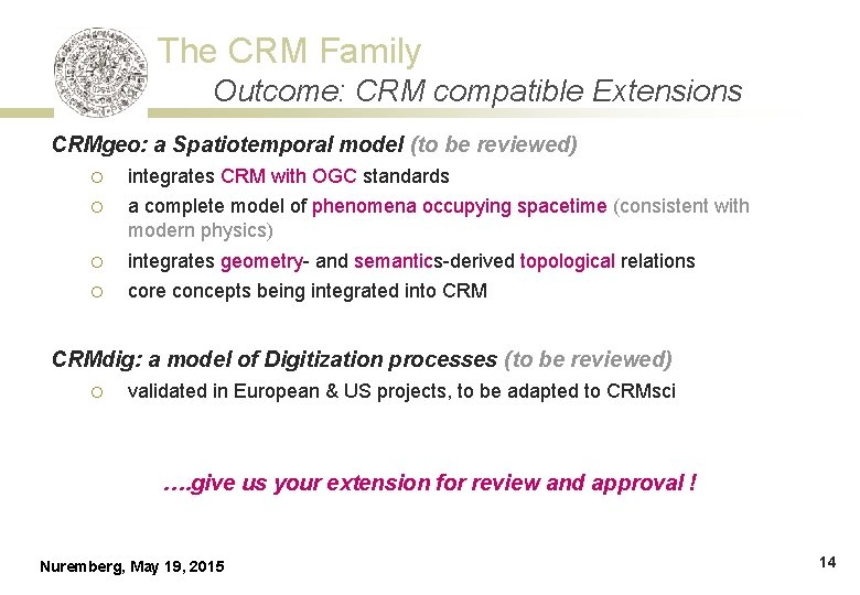 The CRM Family Outcome: CRM compatible Extensions CRMgeo: a Spatiotemporal model (to be reviewed)