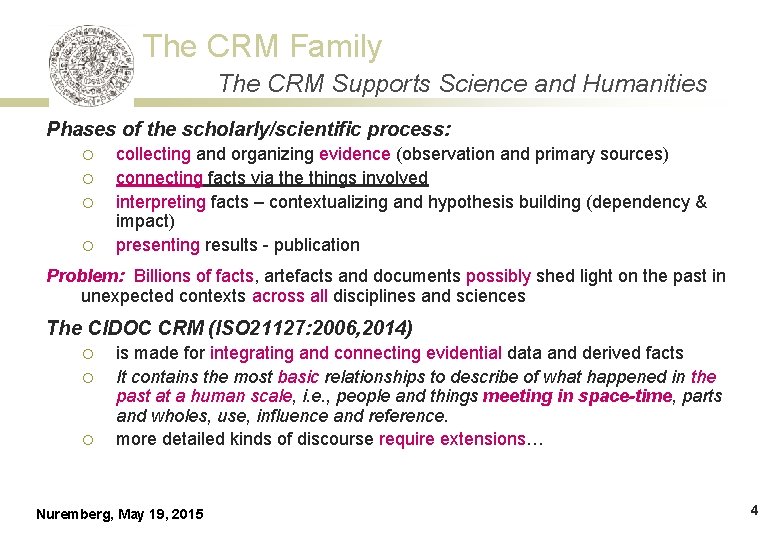 The CRM Family The CRM Supports Science and Humanities Phases of the scholarly/scientific process: