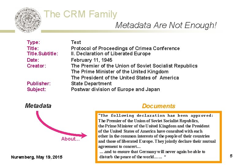 The CRM Family Metadata Are Not Enough! Type: Title. Subtitle: Date: Creator: Text Protocol