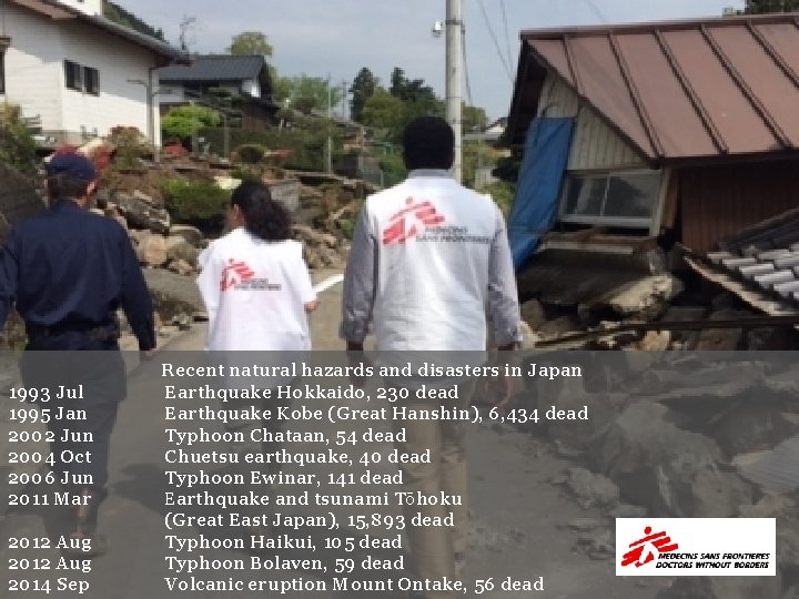  Recent natural hazards and disasters in Japan 1993 Jul 1995 Jan 2002 Jun