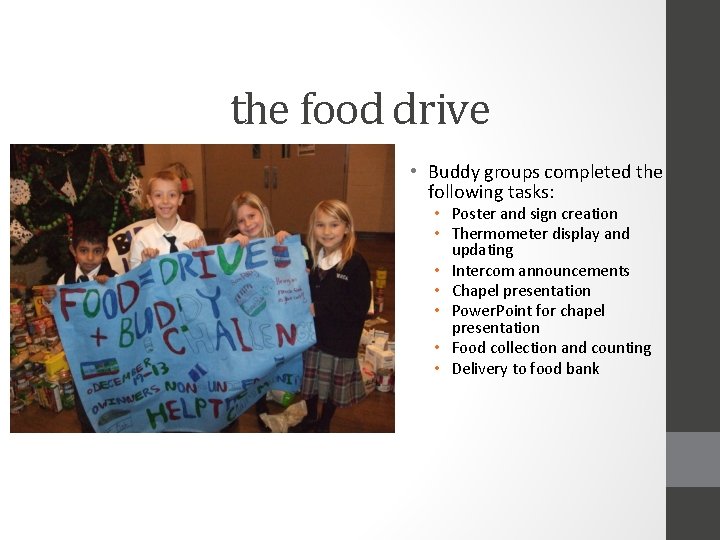 the food drive • Buddy groups completed the following tasks: • Poster and sign