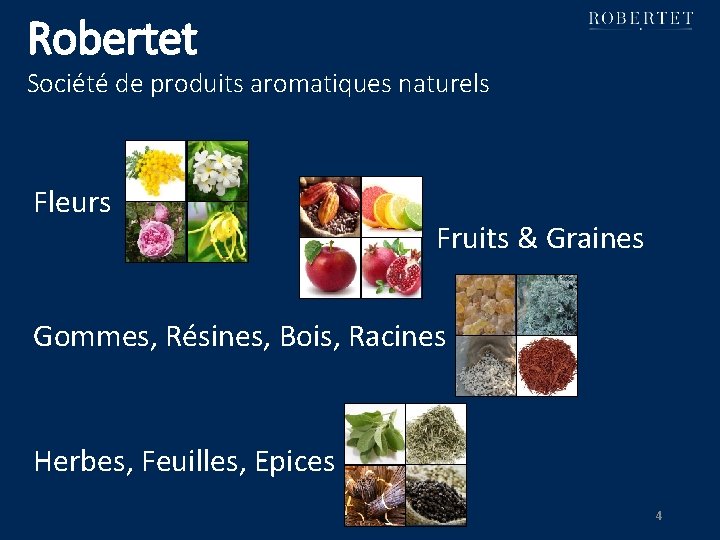 Robertet Société de produits aromatiques naturels Fleurs Fruits & Graines Gommes, Résines, Bois, Racines