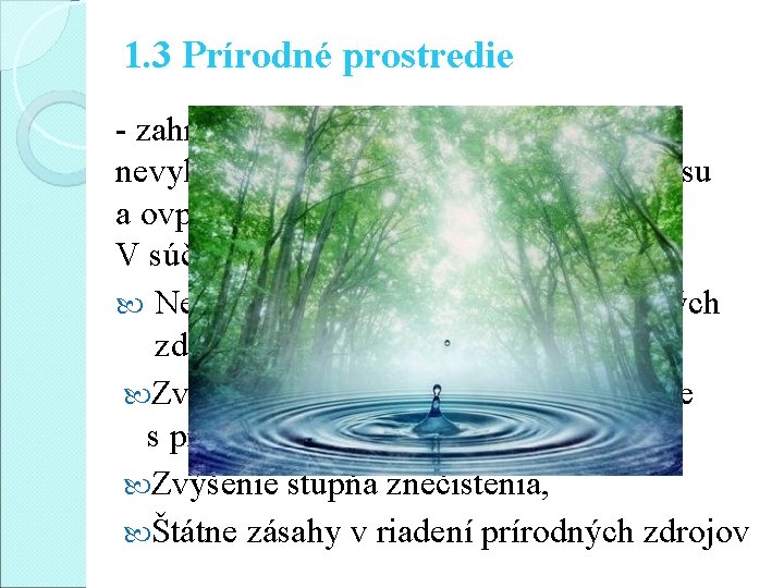 1. 3 Prírodné prostredie - zahŕňa surovinové zdroje, ktoré sú nevyhnutnými vstupmi výrobného procesu