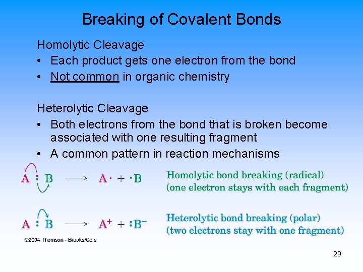 Breaking of Covalent Bonds Homolytic Cleavage • Each product gets one electron from the