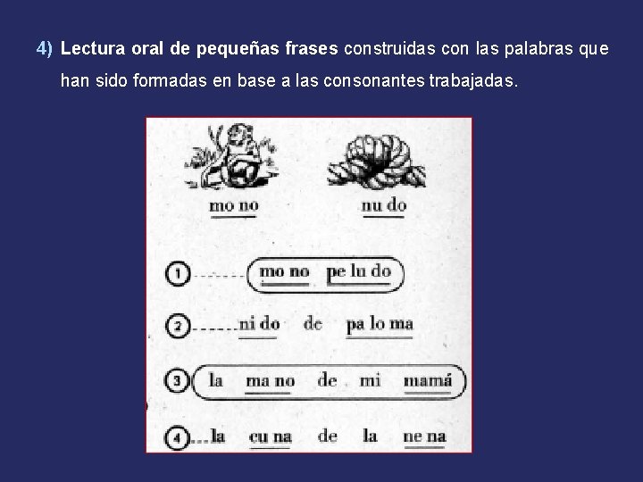 4) Lectura oral de pequeñas frases construidas con las palabras que han sido formadas