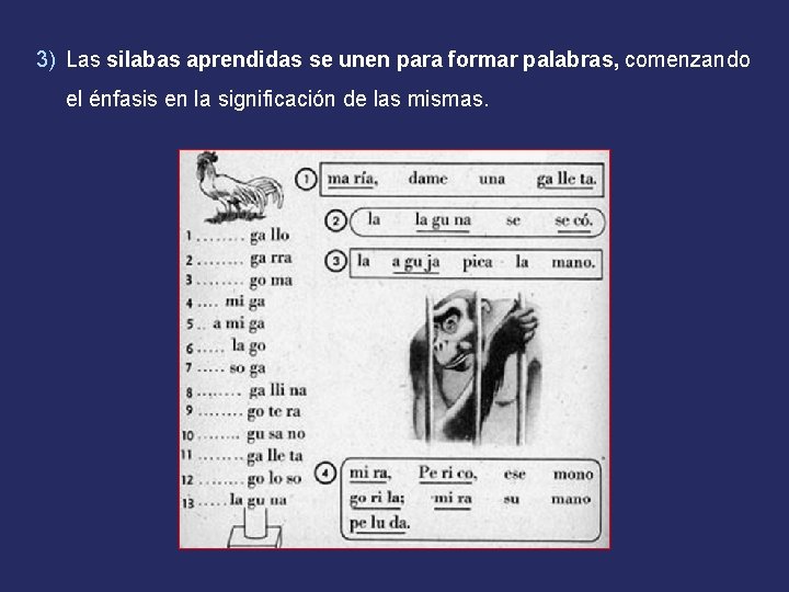 3) Las silabas aprendidas se unen para formar palabras, comenzando el énfasis en la