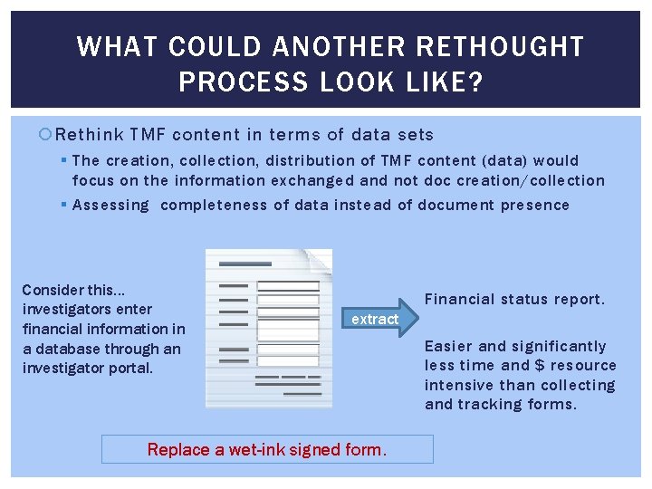 WHAT COULD ANOTHER RETHOUGHT PROCESS LOOK LIKE? Rethink TMF content in terms of data