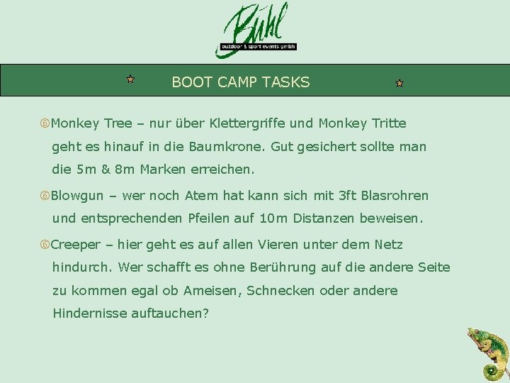 BOOT CAMP TASKS Monkey Tree – nur über Klettergriffe und Monkey Tritte geht es
